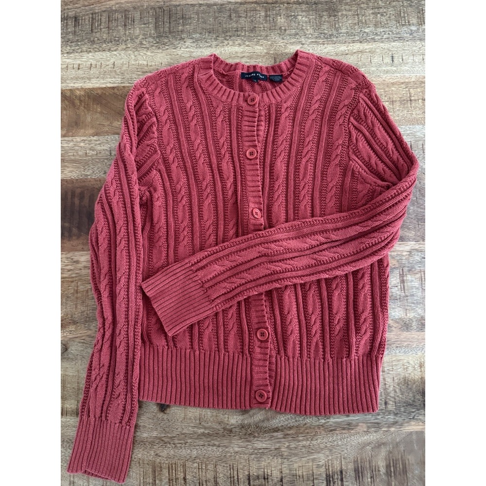 Jeanne Pierre Cable Knit Cardigan Sweater Women's Large Red 100% Cotton Preppy